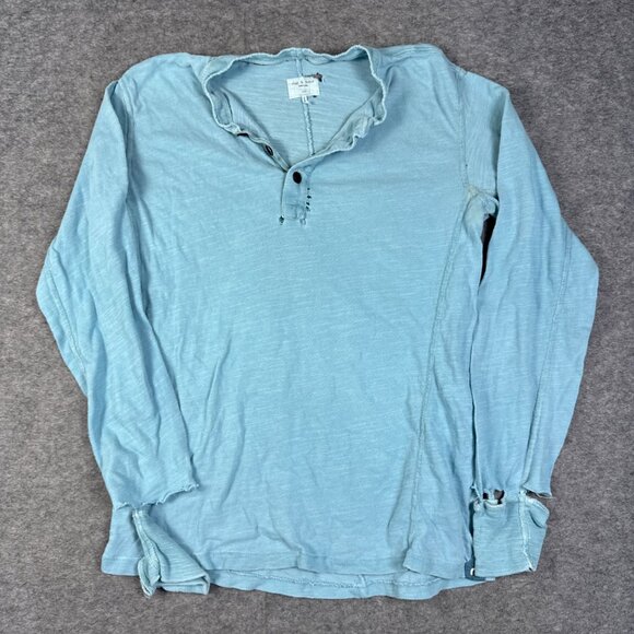 Rag Bone Shirt Mens Small Blue Henley Light Aqua Long Sleeve Destroyed Homeless